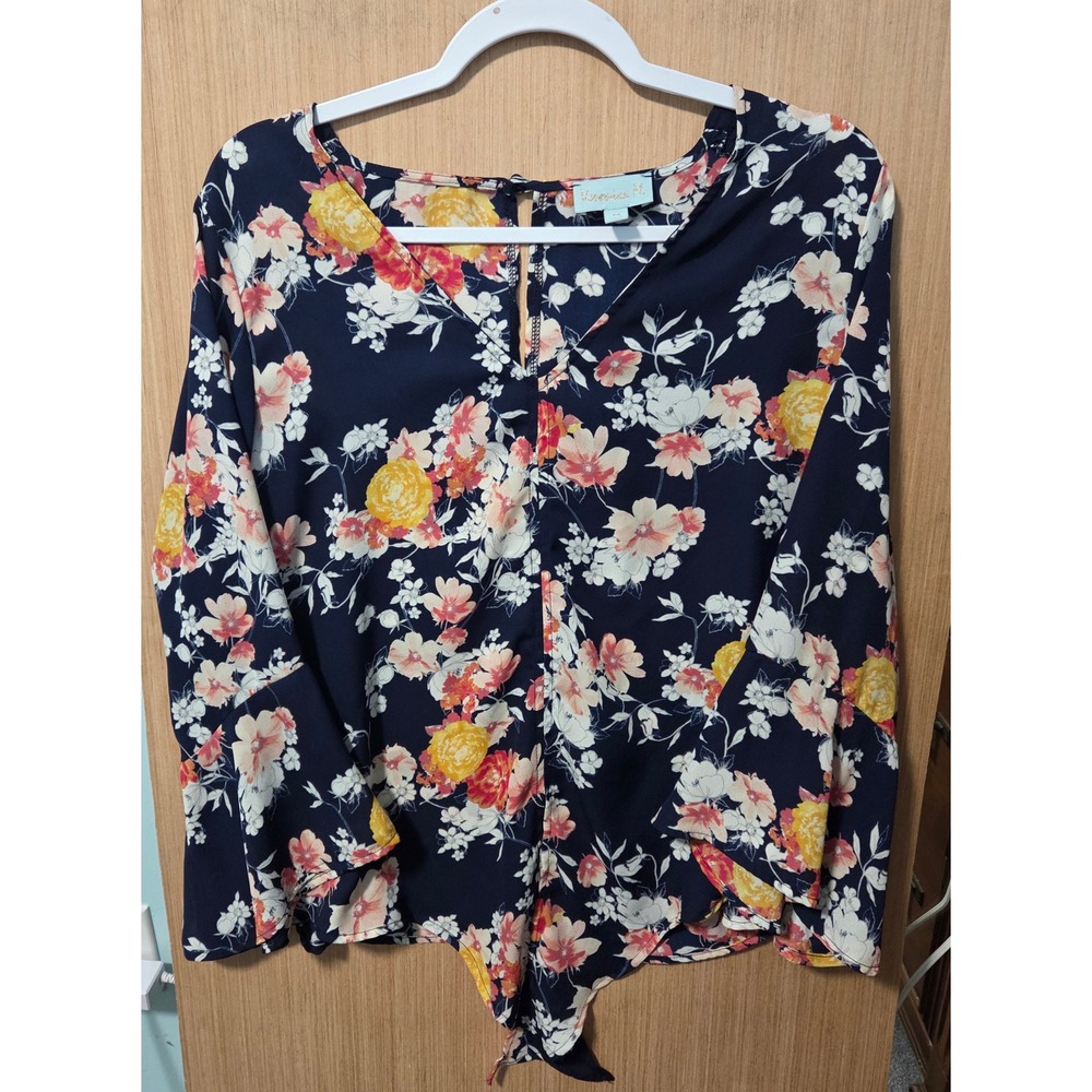 Veronica M Size‎ Med Women's Floral Print Tie Front Blouse Top Navy Bell Sleeve